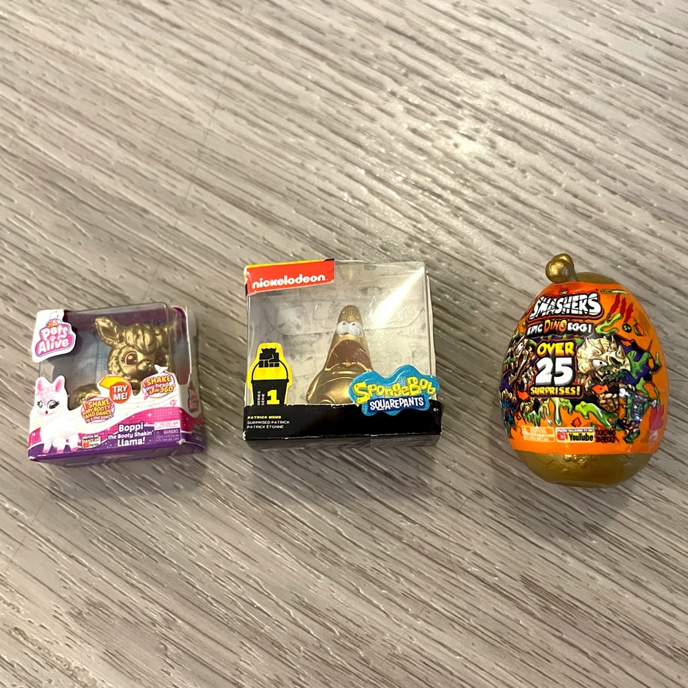 Set of 3 RARE GOLD Mini Brands: Patrick Star, Smashers Egg, & Pets Alive Llama.